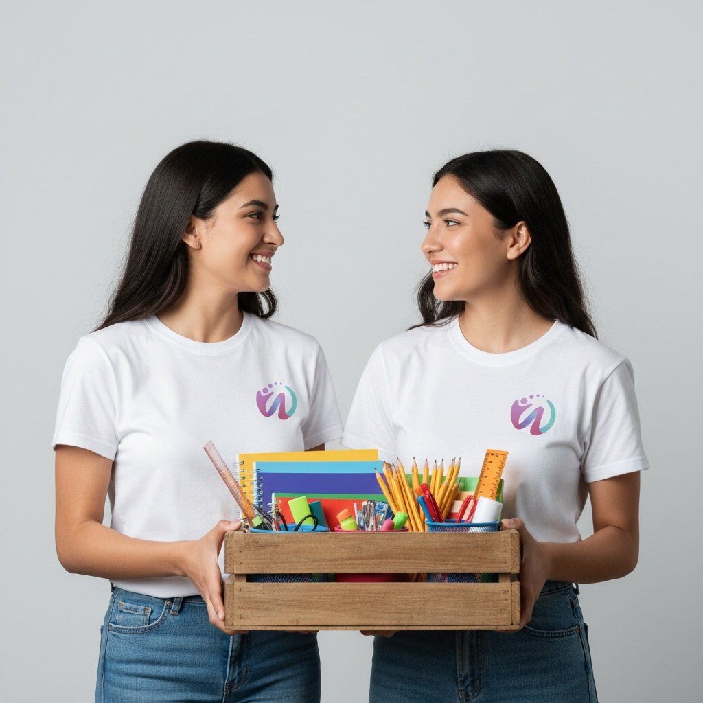 Voluntarias preparando material escolar