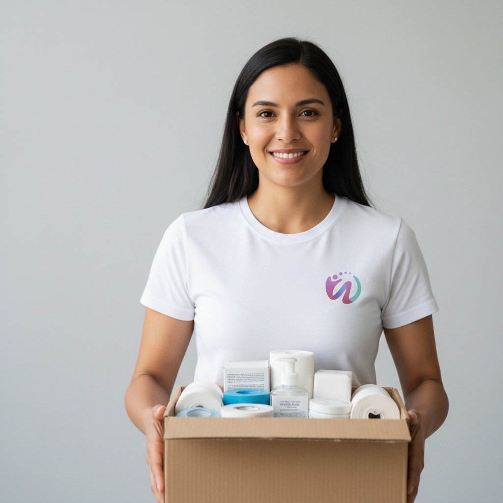 Una voluntaria entregando insumos de salud
